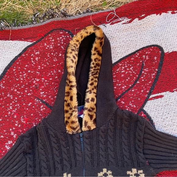 VTG HEARTWORKS BLACK RIBBED LEOPARD CAT GRAHIC ZIP UP SWEATER SIZE 4T - Picture 4 of 8